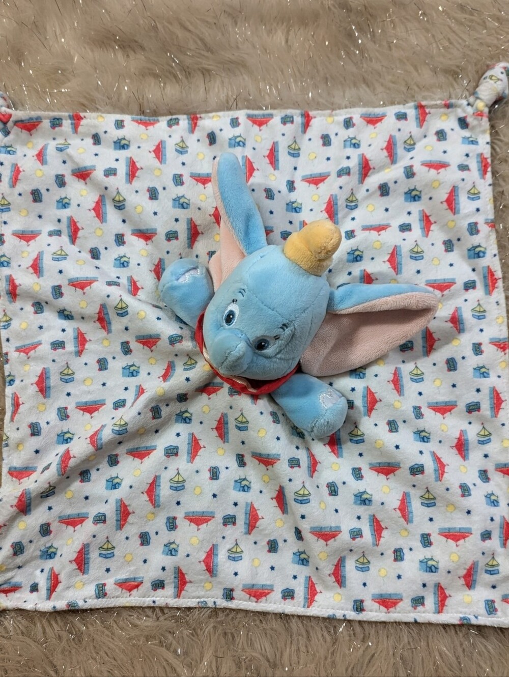 Disney Blue Dumbo Lovey Blanket with Pink Ears and Yellow Hat